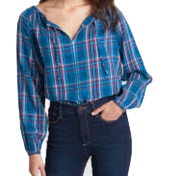 NWT GAP Plaid Blouse/Top With Front Drawstring & Tie Front Keyhole Blue/Red Sz S - Picture 1 of 8